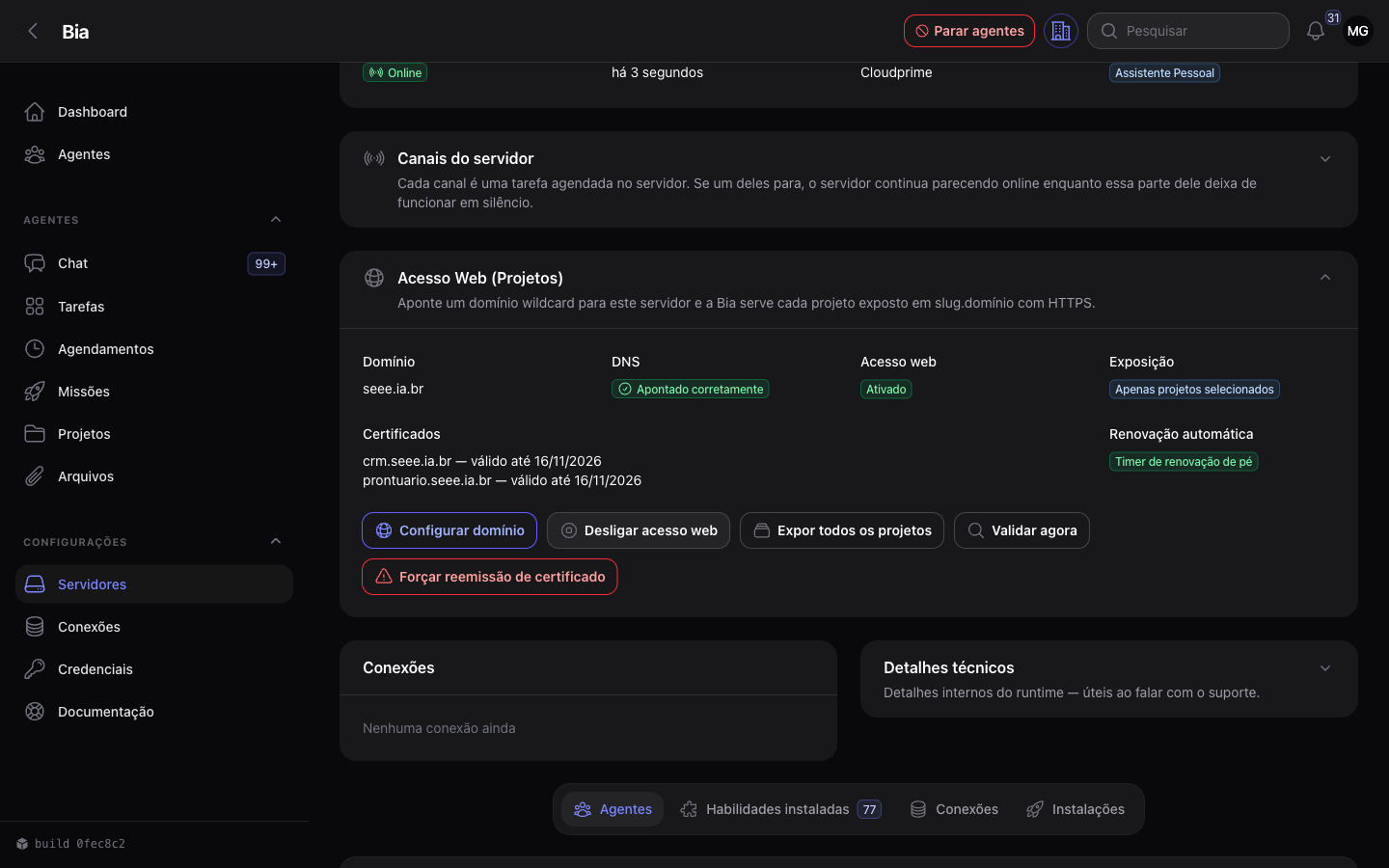 Seção Acesso Web na página do servidor, com domínio validado e certificados emitidos